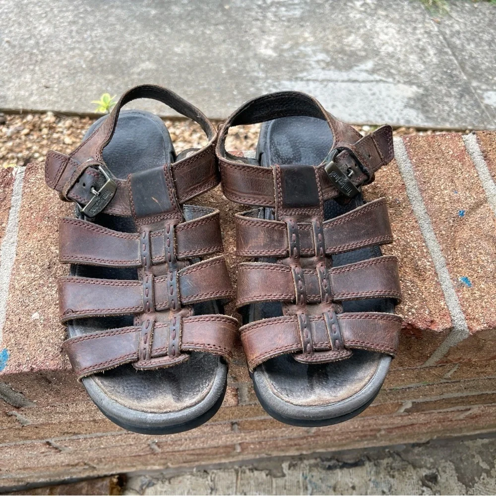 Timberland Mens Sandals Brown Leather Fishing Hiking Adjustable Open Toe size 9